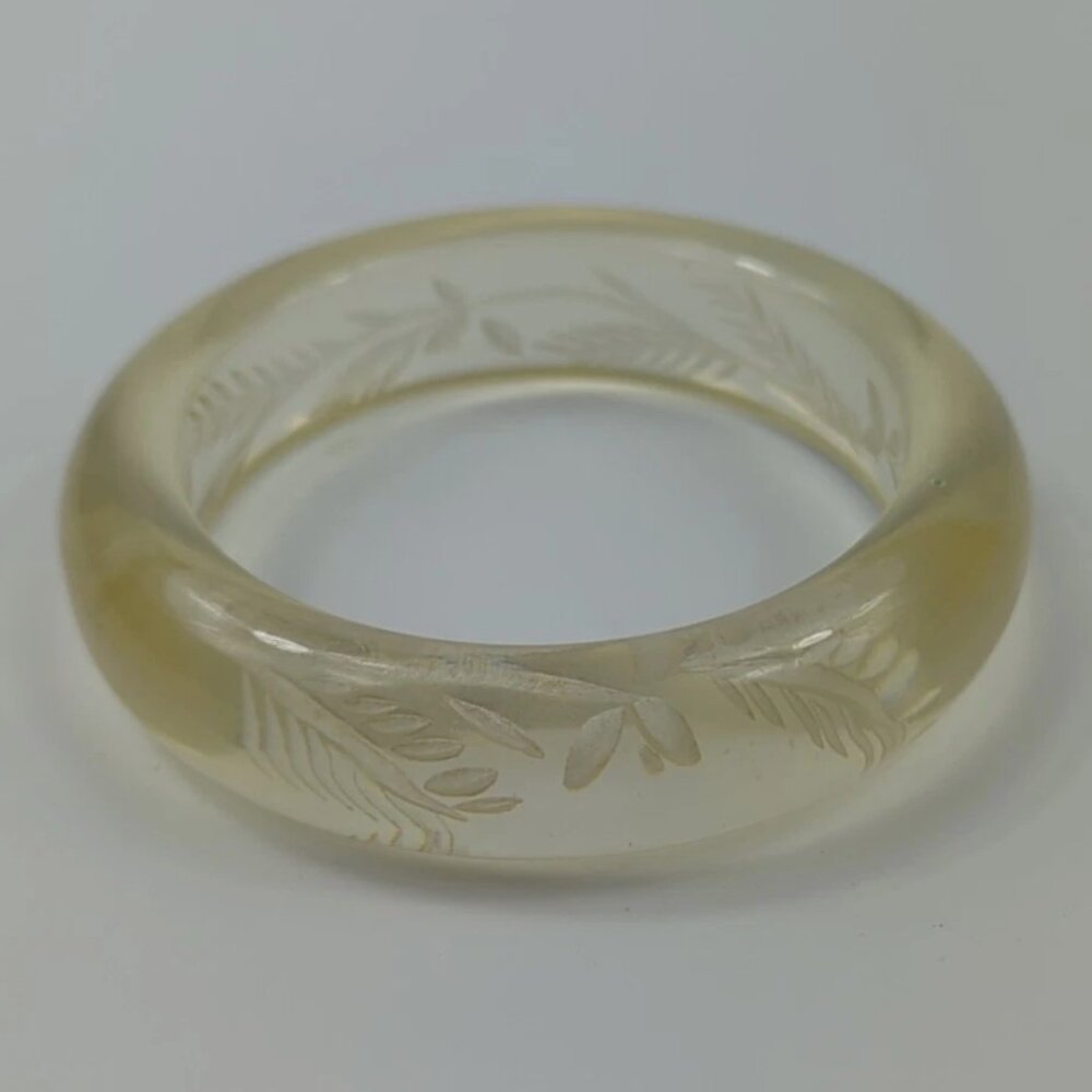 Vtg Reverse Carved Clear Lucite Floral Bangle Bracelet Thick Chunky Jewelry MCM